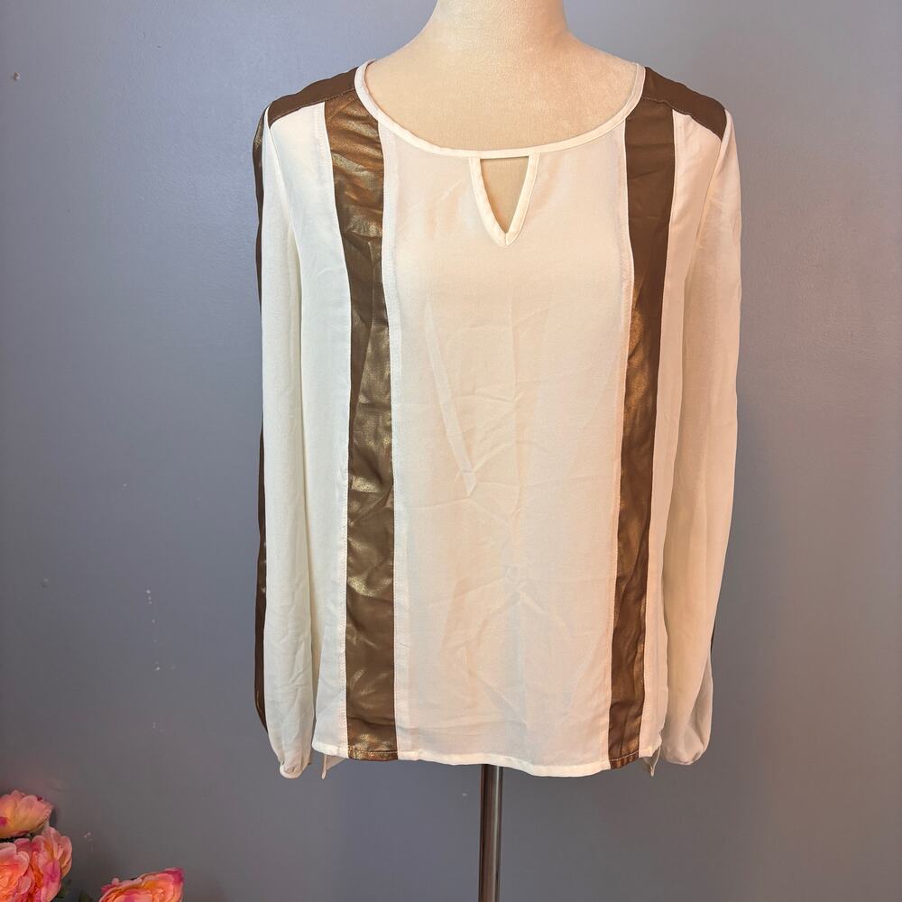 Jealous Tomato Sheer Blouse Cream/ Gold Womens Medium Long Sleeve Tunic Top